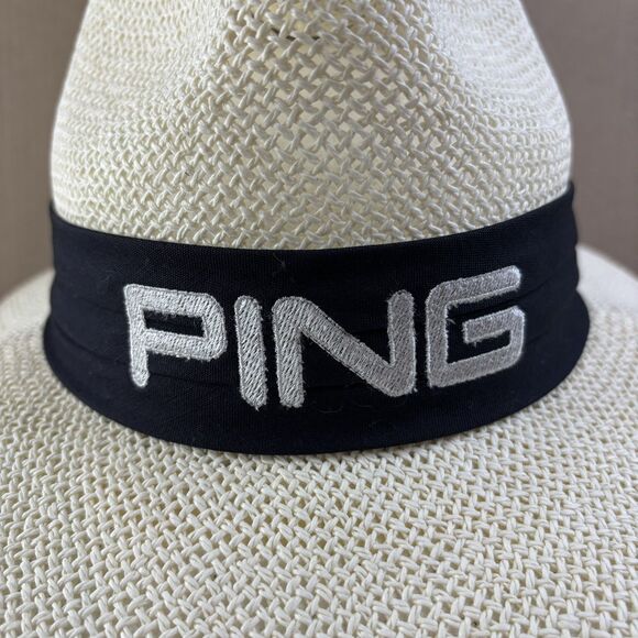 Vintage 90s PING Golf Black Karsten Men's Straw Panama Sun Hat Cap USA Small - Picture 7 of 11